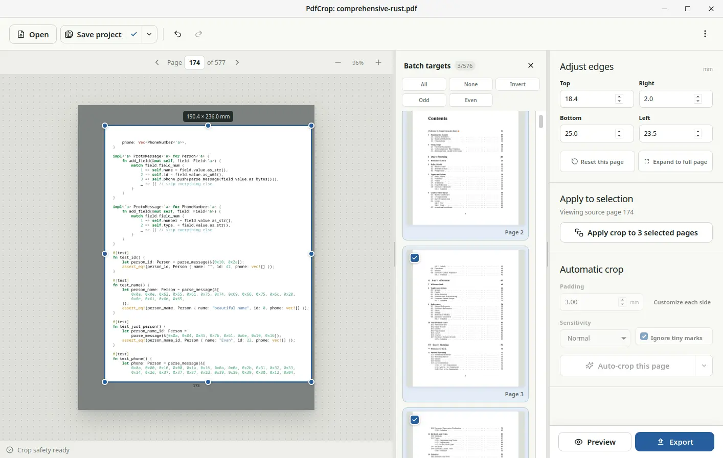 PdfCrop showing an adjustable crop with a batch target panel and three selected PDF pages.